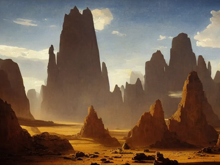 Image similar to an oil painting of a fractal monilith in the center of an alien desert with bright sunlight by carl spitzweg and tuomas korpi. baroque elements, full-length view. baroque element. intricate artwork by caravaggio. Trending on artstation. 8k