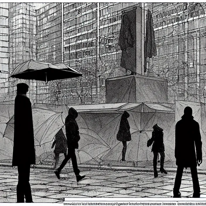 Prompt: sales stall selling umbrellas, in a square, pedestrians walk past. background of old soviet monument. storyboard, scifi cyberpunk. by gabriel hardman, joe alves, chris bonura. cinematic atmosphere, detailed and intricate, perfect anatomy