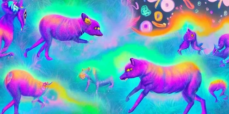 Image similar to hyperrealistic lisa frank nightmare creatures emerging from the fog