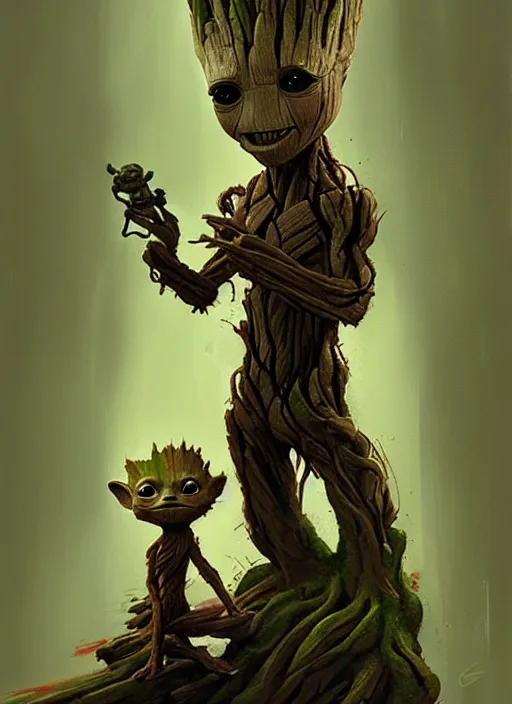 Image similar to very detailed masterpiece painting of groot holding yoda, portrait, artstation, concept art by greg rutkowski