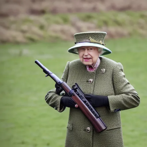 Image similar to Queen Elizabeth II wearing an army uniform while holding a rifle on a battlefield, highly detailed, high quality, HD, 4k, 8k, Canon 300mm, professional photographer, 40mp, lifelike, top-rated, award winning, realistic, sharp, no blur, edited, corrected, trending