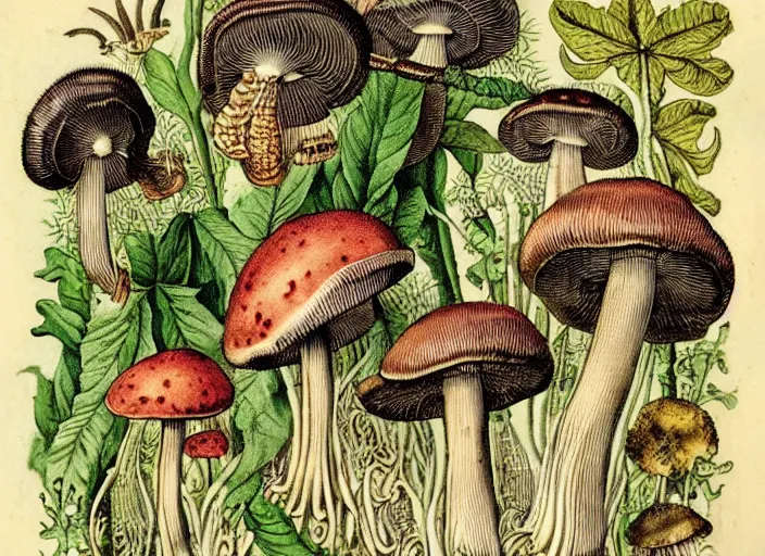 Image similar to mushrooms very rich life textbook scientific botanical mycological illustration, made by Wenceslas Hollar and Ernst Haeckel in vintage Victorian England colourised print style with saturated colours