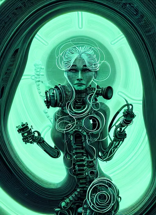 Image similar to highly detailed portrait of a biopunk long curly white hair tribal lady, stray wiring by atey ghailan, james gilleard, by joe fenton, by greg rutkowski, by greg tocchini, by kaethe butcher, 4 k resolution, gradient green, black and white color scheme!!! ( ( irradiated robotic spiral whirlwind background ) )