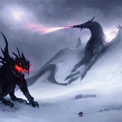 Image similar to giant black dragon in the snowy mountains, fantasy, greg rutkowski