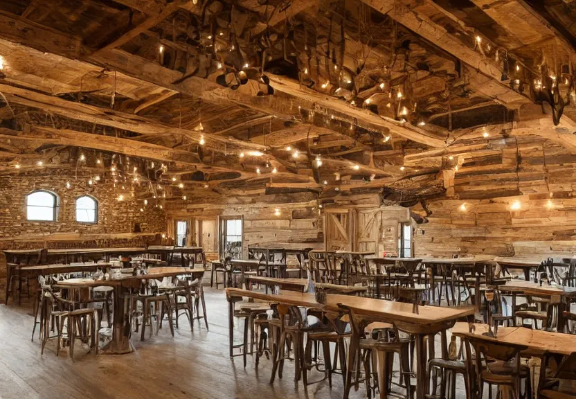 Image similar to interior barn renovation as folk music event space rustic with bar and cafe tables 8k photorealistic