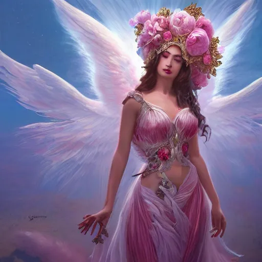 Image similar to expressive full body photo of sophia lauren as beautiful angel, smooth glowing skin, ornate headpiece made from pink flowers, glamour shot, by karol bak, by greg rutkowski, by jeremyg lipkinng, by artgerm, octane render, unreal engine, photorealistic, canon r 3, fashion photography