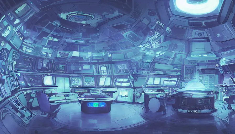 Prompt: a space ship circular medic room with bright holodesk in the center showing a blue hologram of a solar system, cryogenic pods, dark people discussing, contrasted light, clair obscur, illustration, clean lines, star wars vibe, by sead mead, by feng zhu!!! by moebius, vivid colors, spectacular cinematic scene