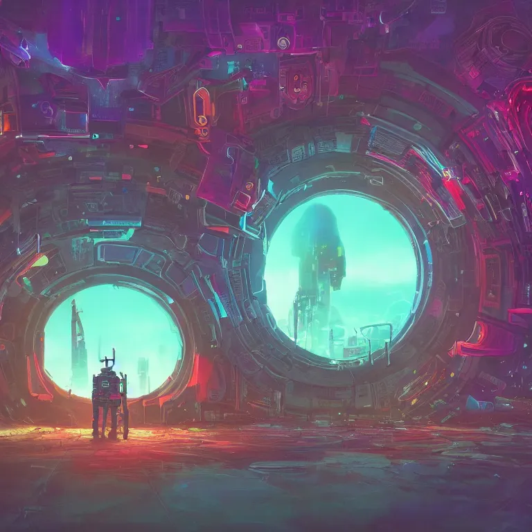 Image similar to a circle portal structure floating in outer - space, cyberpunk, epic surrealism, indigo, bright red, purple, cyan, lime green, detailed digital matte painting in the style of simon stalenhag and painting by ralph mcquarrie