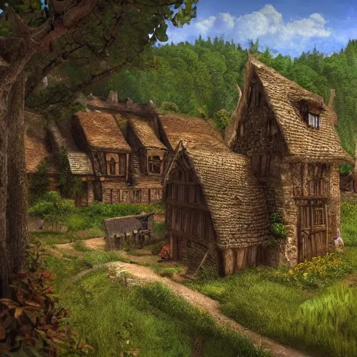 Image similar to medieval village in the middle of lush forest, highly detailed, rim light, art, cinematic lighting, very coherent, hyper realism