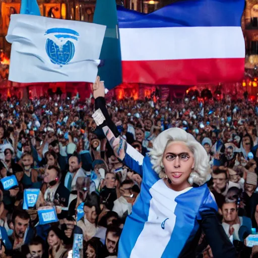 Image similar to Lady Gaga as president, Argentina presidential rally, Argentine flags behind, bokeh, giving a speech, detailed face, Argentina