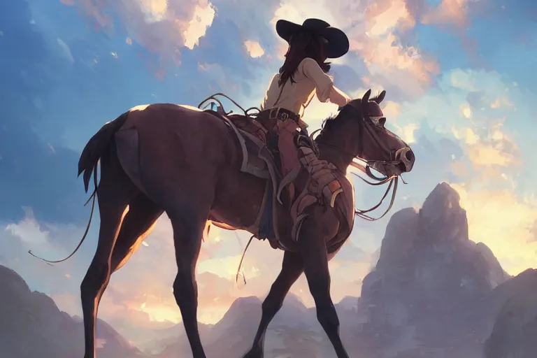 Image similar to western cowgirl, single subject, scenic full shot, ambient lighting, detailed face, by makoto shinkai, stanley artgerm lau, wlop, rossdraws