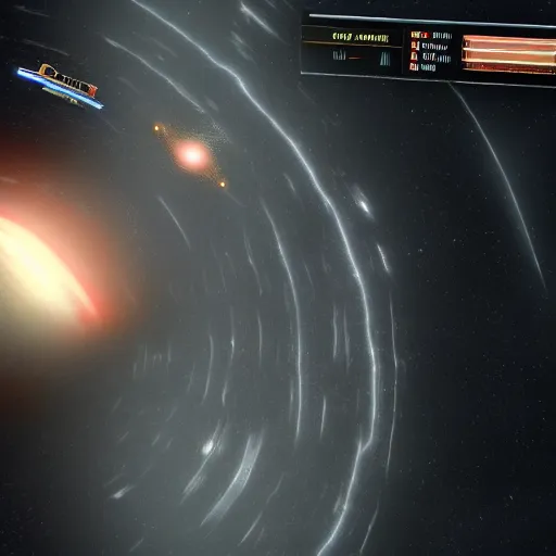 Image similar to Elite Dangerous, Anaconda ship in front of a black hole Saggitarius A*