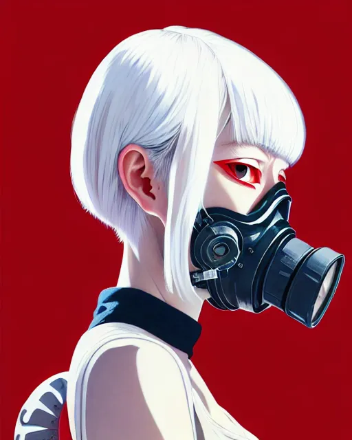 Prompt: white haired cyborg girl wearing gas mask and red dress | | audrey plaza, thought provoking, fine detail!! anime!! realistic shaded lighting!! poster by ilya kuvshinov katsuhiro otomo ghost - in - the - shell, magali villeneuve, artgerm, jeremy lipkin and michael garmash and rob rey