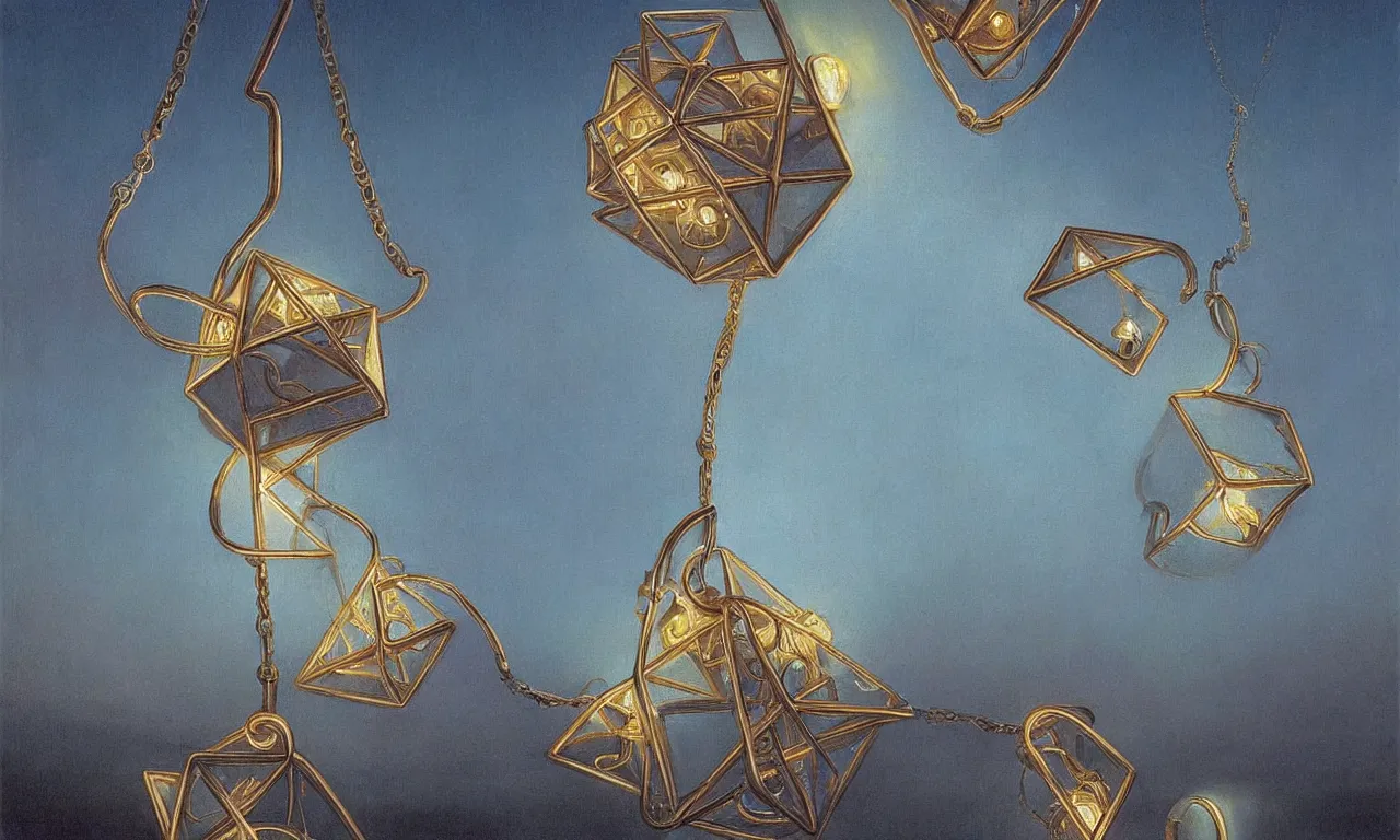 Image similar to a floating dodecahedron necklace of neon light, art by james gurney and greg rutkowski and rene magritte, surrealism by salvador dali, very detailed, high resolution, symmetry, volumetric lighting