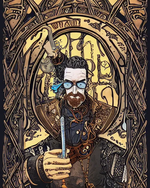 Prompt: a detailed portrait illustration of a steampunk warrior - wizard. rugged masculine face. art nouveau, pop art, comic book style. influenced by neil gaiman, h. p. lovecraft, dan mumford, brian froud, richard corven, killian eng, ross tran.