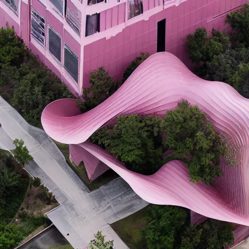 Prompt: aerial photo of a parametric architecture museum. the museum stands in a city. facade in faded pink fabric, morning fog, wide camera angle