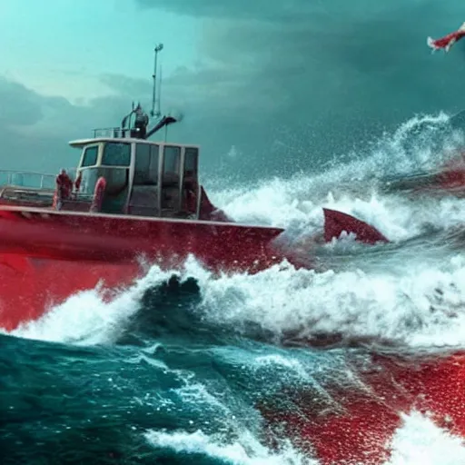 Image similar to anti - christ rising from a red ocean with boats. ominous. vivid color detailed photograph from a 2 0 2 0 s blockbuster vfx horror movie.