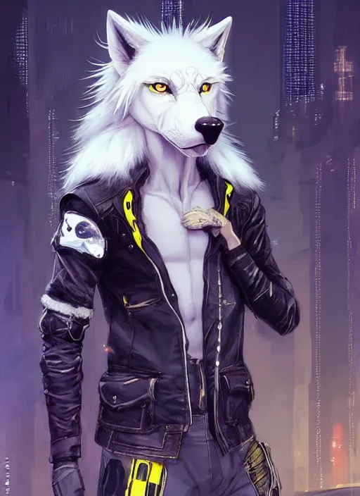 Image similar to award winning beautiful portrait commission of a male furry anthro albino wolf fursona with a tail and a cute beautiful attractive detailed furry face wearing stylish black and yellow cyberpunk biker clothes in a cyberpunk city at night while it rains. Character design by charlie bowater, ross tran, artgerm, and makoto shinkai, detailed, inked, western comic book art