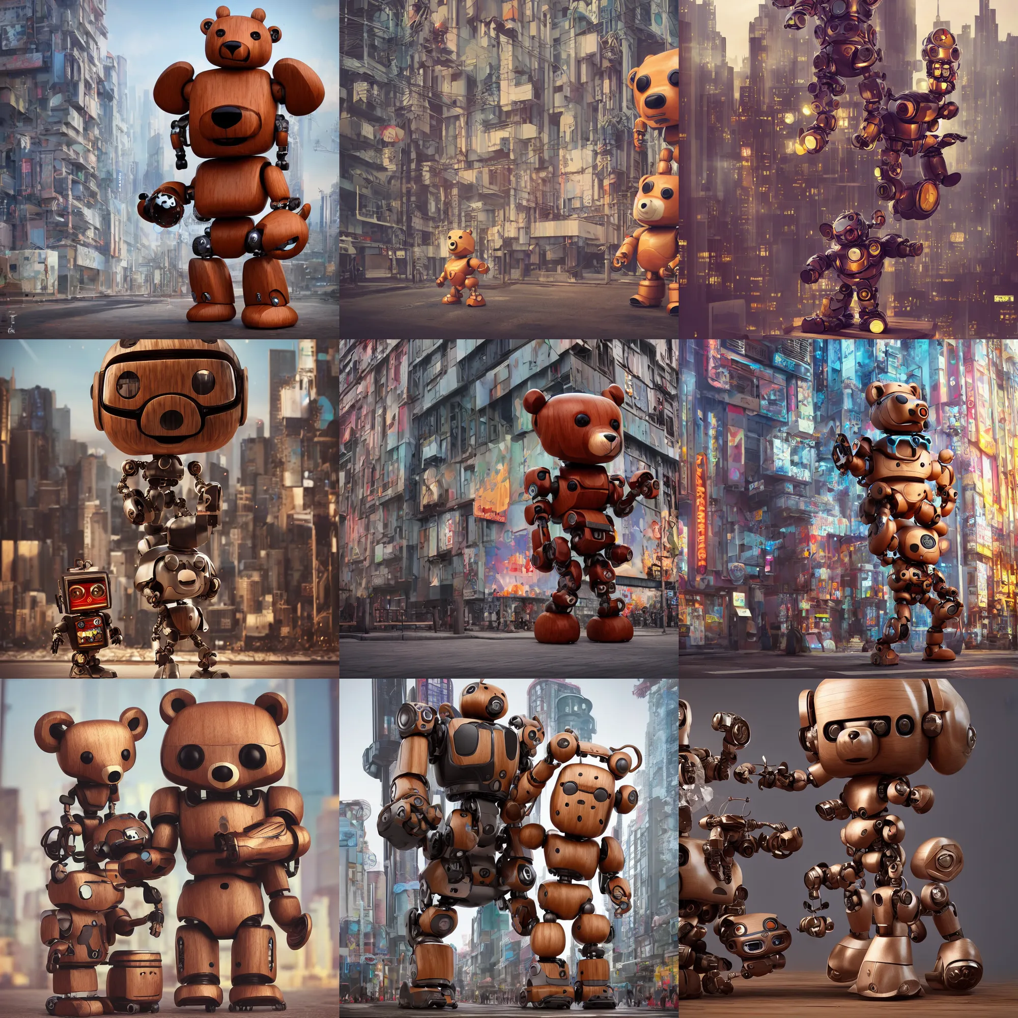 Prompt: 8 k octane render sculpture photorealistic beautiful character wooden design, art toys collectible figurine, mascot pop funko, very cute bear robot bear android cyberpunk, contemporary art gallery in background concept art cgsociety mucha