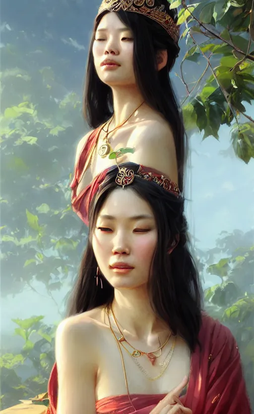 Image similar to a beautiful taiwan goddess with sundress with jewelry | | winter, realistic shaded, unpleasant face, good looking, fine details, realistic shaded lighting poster by greg rutkowski, magali villeneuve, artgerm, jeremy lipkin and michael garmash and rob rey