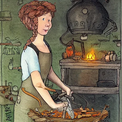 Image similar to the blacksmits’ daughter, working in the forge, a smile at her face, fantasy art in the style of Elsa Beskow,