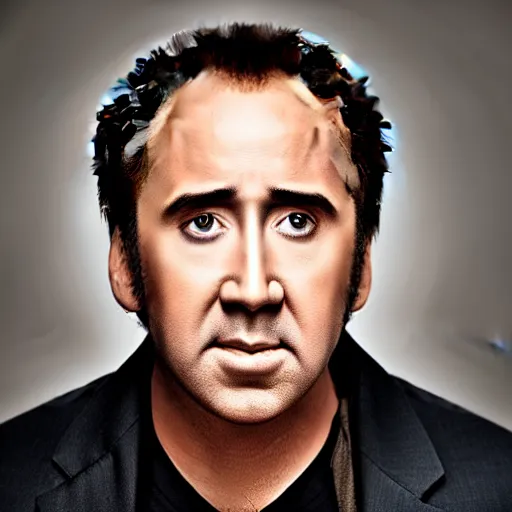 Image similar to professional portrait of nicolas cage neutral expression face straight on headshot even lighting