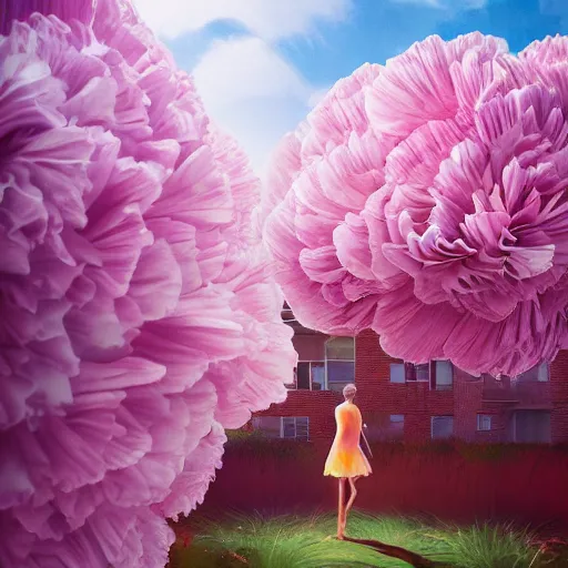 Prompt: a giant carnation flower head, woman walking between luxury apartments, surreal photography, sunlight, impressionist painting, digital painting, artstation, simon stalenhag