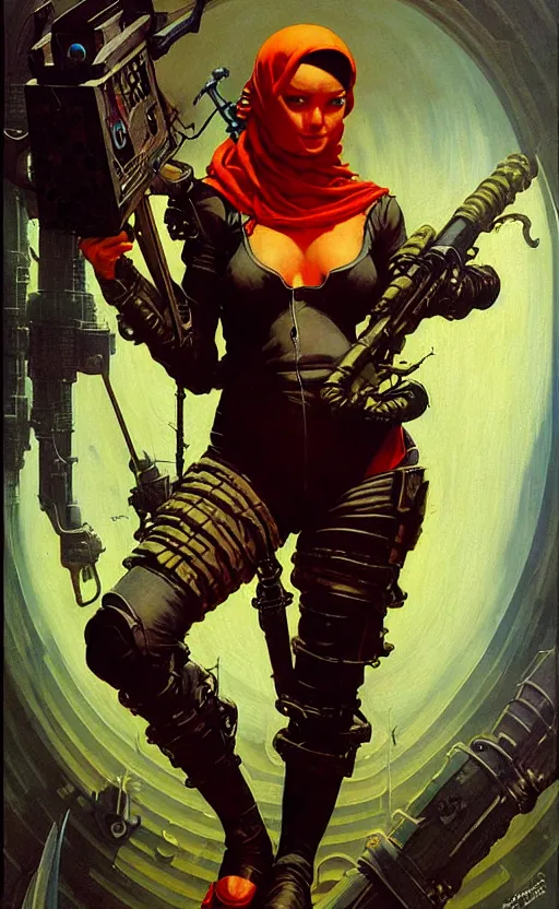 Image similar to pulp scifi fantasy spot illustrations of various character concepts, ciberpunk girl, burka, futuristic design, crafting, diy, by norman rockwell, roberto ferri, daniel gerhartz, edd cartier, jack kirby, howard brown, ruan jia, tom lovell, jacob collins, dean cornwell, astounding stories, amazing, fantasy, other worlds