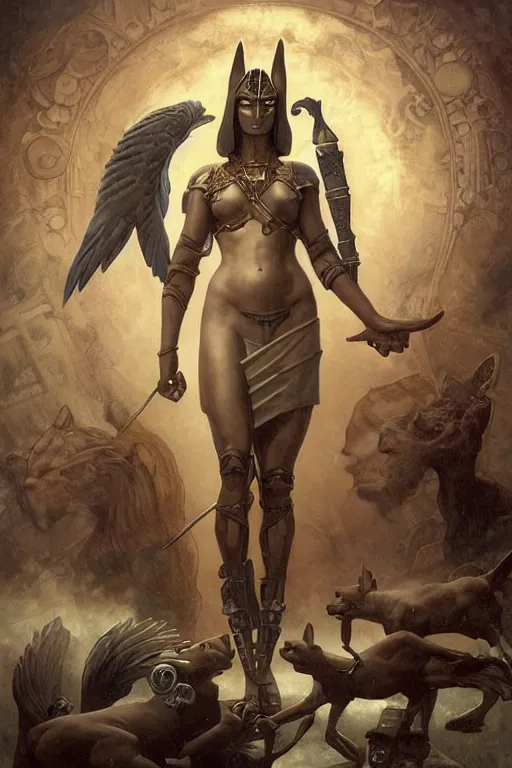 Image similar to Mystical Valkyrie, full portrait of a beautiful female Anubis Warrior, Regal, Realistic, Refined, Detailed Digital Art, Oil Painting, William-Adolphe Bouguereau, Art Frahm, Steampunk, Walt Disney (1937), frank frazetta, dynamic lighting, daily deviation, very very very very very beautiful, character illustration by Josephine wall, Highly Detailed, Cinematic Lighting, Unreal Engine, 8k, HD