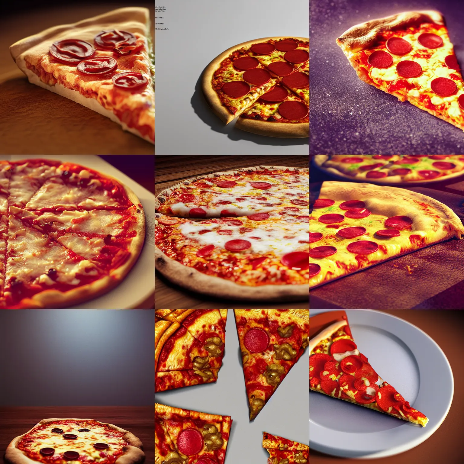 Prompt: slice of pizza, photo realistic hd detailed, octane render, volumetric lighting, intricate detail masterpiece, artstation, trending, 4k, 8k, blur, bokeh
