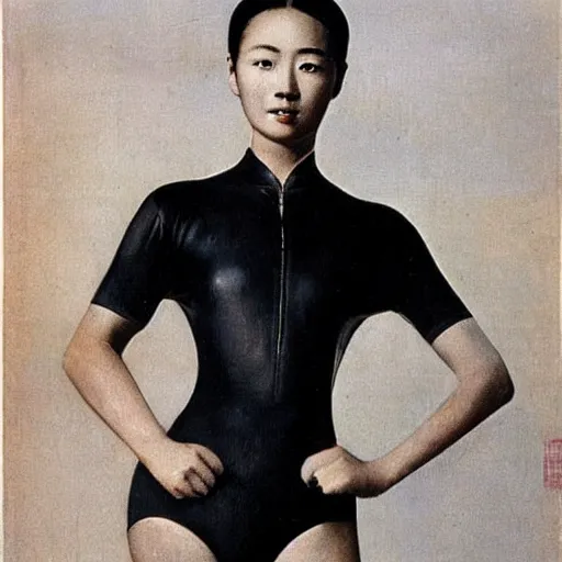 Prompt: a young gorgeous Chinese woman wearing sport racing competitive one piece swimsuit leotard, worksafe, by Max Ernst