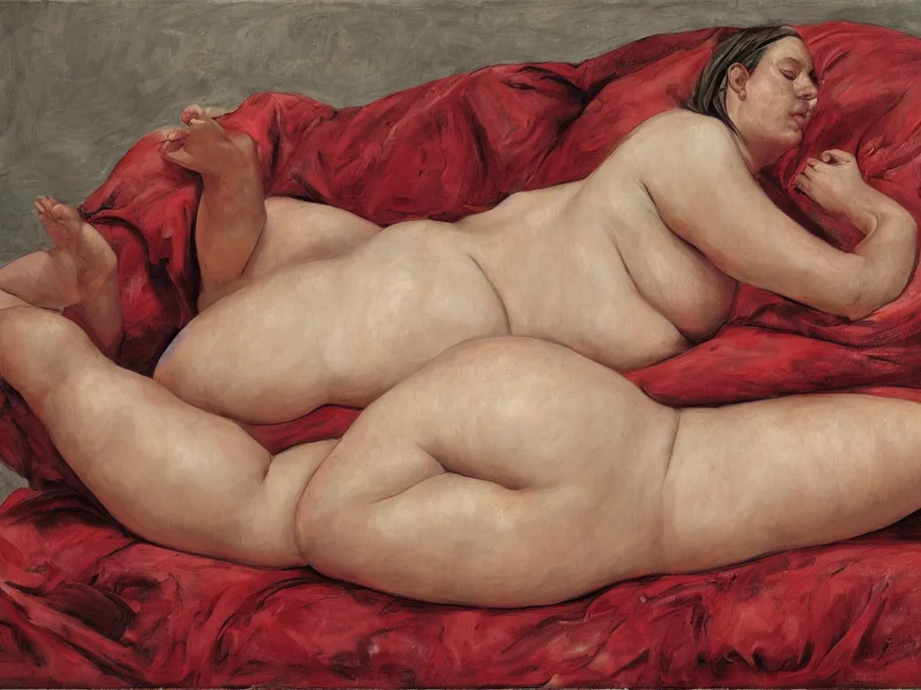 Image similar to Jenny Saville curvy female body on a red bed