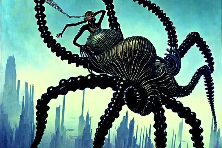 Prompt: realistic detailed portrait movie shot of a beautiful black woman riding a giant spider, dystopian city landscape background by denis villeneuve, amano, yves tanguy, alphonse mucha, max ernst, ernst haeckel, kehinde wiley, caravaggio, jean delville, david lynch, roger dean, cyber necklace, rich moody colours, sci fi patterns, dramatic, wide angle