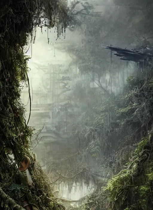 Prompt: decayed aircraft carrier USS Nimitz laying on the ground overgrown with vegetation and hanging vines, post apocalyptic, tropical forest, by Luis Royo, by Greg Rutkowski, dark, gritty, intricate, cover illustration, concept art, volumetric lighting, volumetric atmosphere, sharp focus, octane render, trending on artstation, 8k