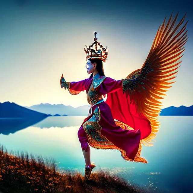 Image similar to beautiful asian mongolian princess goddess spreading its wings, princess wearing a beautiful ornate crown, in the background lake baikal is seen, atmospheric lighting, intricate, volumetric lighting, beautiful, sharp focus, ultra detailed, in the art style of bagshaw tom