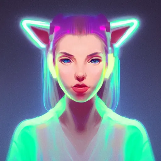 Image similar to portrait of a cute young woman with robot ears and eyes, 4k, sharp focus, neon colored fluorescent lighting, Andreas Rocha