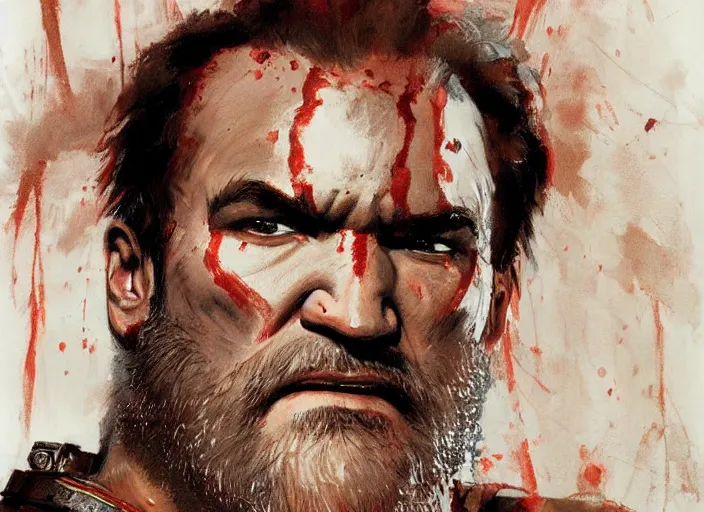 Image similar to a highly detailed beautiful portrait of tarantino as kratos, by gregory manchess, james gurney, james jean