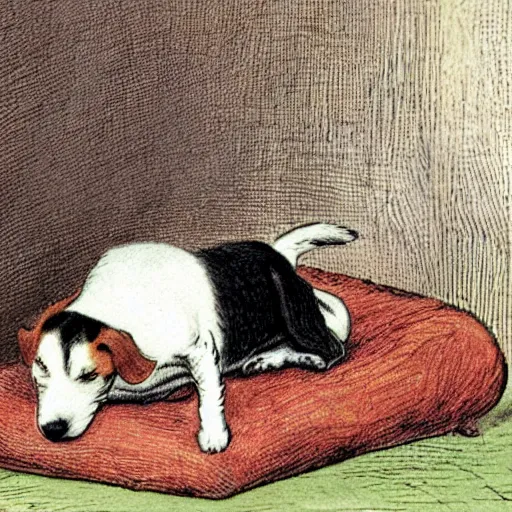Image similar to portrait of jack russel terrier crying on the dog bed, illustrated by peggy fortnum and beatrix potter and sir john tenniel