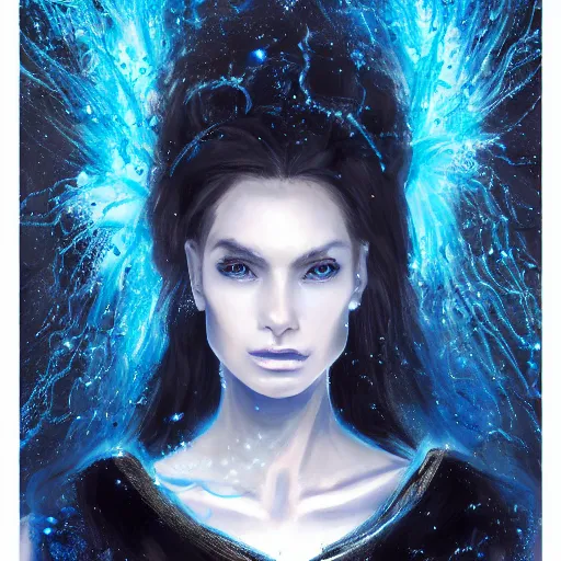 Image similar to masterpiece portrait of an aesthetic mage woman, ice spell, 3 0 years old woman, black dynamic hair, wearing silver diadem with blue gems inlays, silver necklace, painting by joachim bergauer and magali villeneuve, atmospheric effects, chaotic blue sparks dynamics in the background, intricate, artstation, fantasy