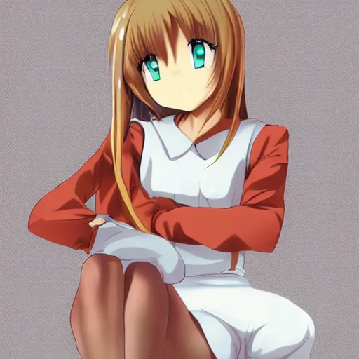 Prompt: anime girl, full body shot, sitting down, plain white background