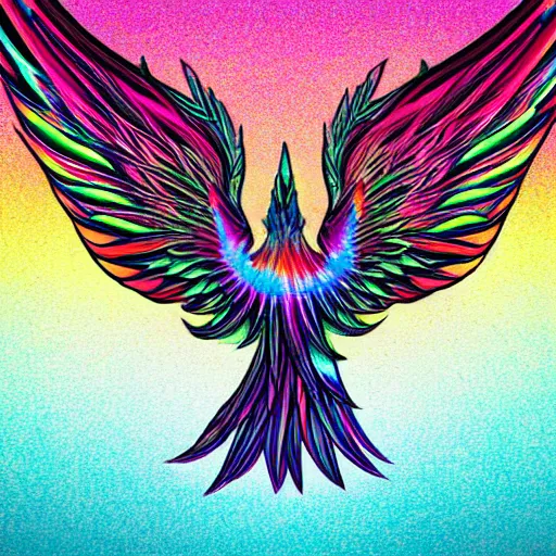 Prompt: An image of an expressive wings open phoenix with iridescent feathers standing on a pile of grey ashes and glowing coal. The phoenix is surrounded by a bright light and waves of fire with a neon bright glowing circular rainbow. Black smoke wafts from the coal.