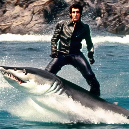 Image similar to a still of arthur fonzarelli jumping over a shark with his motorbike