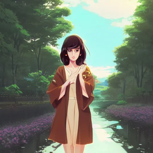 Image similar to a beautiful woman with long dark brown hair and tan skin, green eyes wearing a kimono, city landscape, 4k, anime key visual, lois van baarle, ilya kuvshinov, rossdraws, artstation