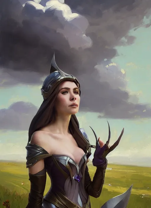 Image similar to portrait of Syndra from League of Legends medieval dress, countryside, calm, fantasy character portrait, dynamic pose, above view, sunny day, thunder clouds in the sky, artwork by Jeremy Lipkin and Giuseppe Dangelico Pino and Michael Garmash and Rob Rey, very coherent asymmetrical artwork, sharp edges, perfect face, simple form, 100mm