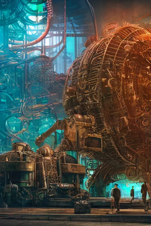 Image similar to a movie poster, write the text tripmachine, photo of a huge futuristic steampunk generator inside a steampunk machinery, 8 k, fluorescent colors, halluzinogenic, multicolored, exaggerated detailed, 3 d render, octane