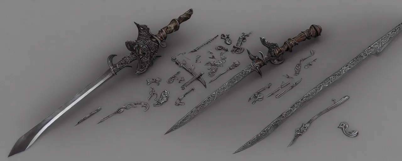 Image similar to basic steel sword, steel, shortsword, medieval, engravings, forged, blacksmith product design, art by gerald brom, greg rutkowski and artgerm and james jean and zdzisław beksinski, 8 k, unreal engine, c 4 d