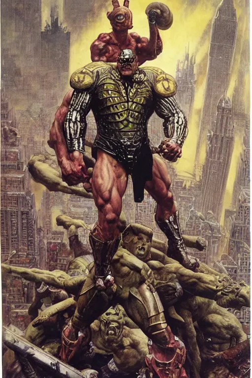 Image similar to full length portrait of mariusz pudzianowski as an armoured hulking marvel villain fighting extraterrestrial invaders in new york, dynamic action, by lawrence alma tadema and zdzislaw beksinski and norman rockwell and jack kirby and tom lovell and greg staples and michael alford