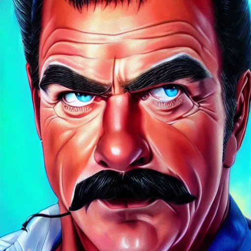 Image similar to ultra realistic portrait painting of tom selleck, art by akira toriyama, 4 k, dragon ball artstyle, cel shaded, highly detailed, epic lighting