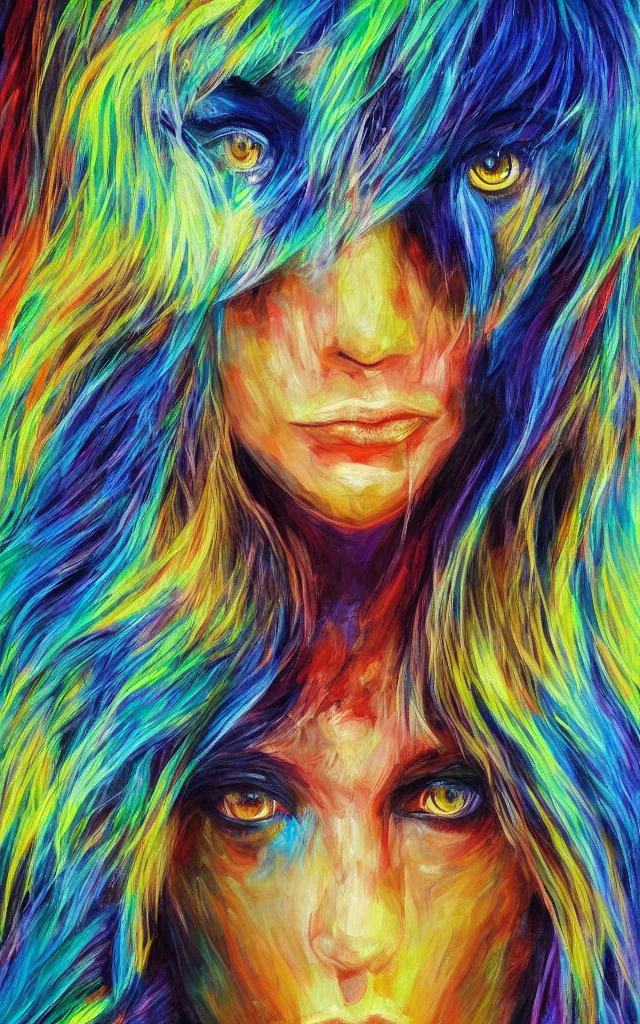 Image similar to iridescent spirit of desire and fear cruel beautiful spirit (androgynous) with golden eyes, award winning oil painting, chromatic aberration