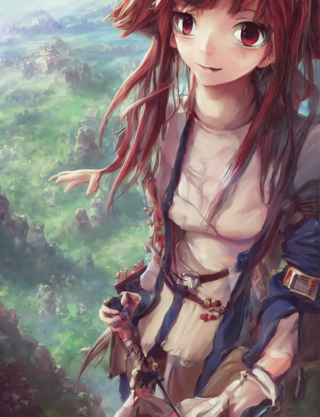 Image similar to scenic wide angle portrait of a teenage girl, thrifty bard outfit, anime in fantasy style, trending artwork, painted in anime painter studio, by anato finstark, tony sart, marc simonetti and an anime artist, collaboration